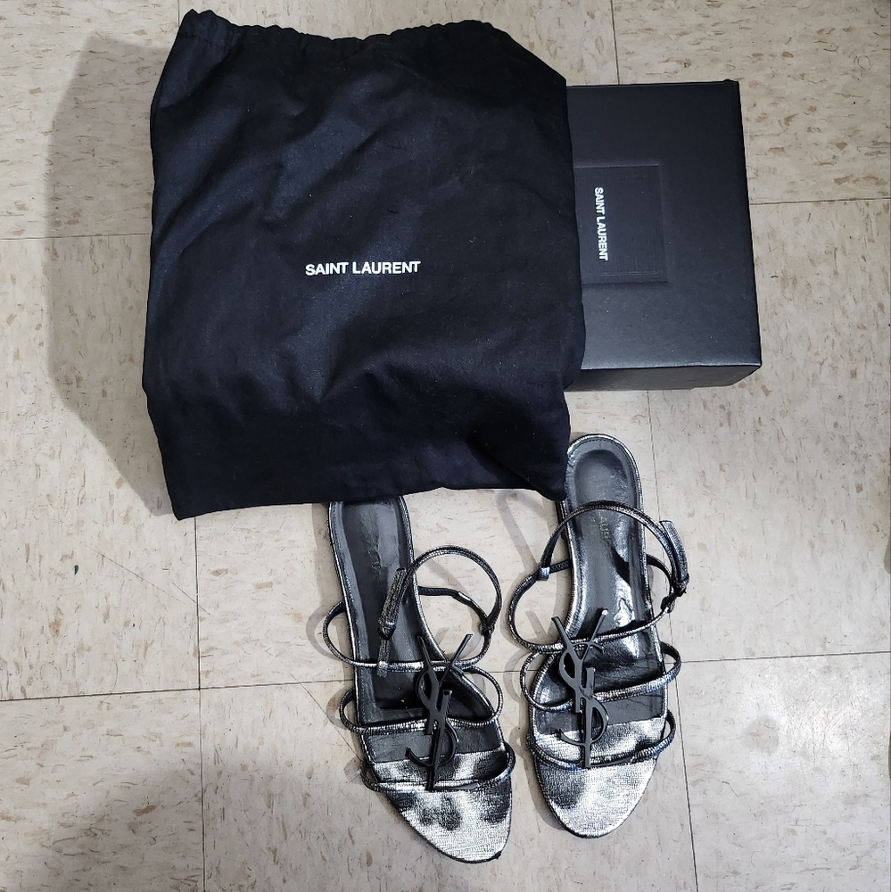 Saint Laurent Black and Silver Strappy Sandals
